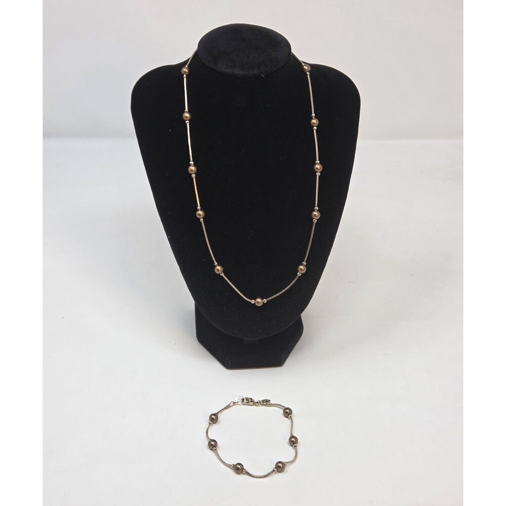 Monet Signed Gold Tone Snake Chain Bronze Bead Necklace Bracelet Set